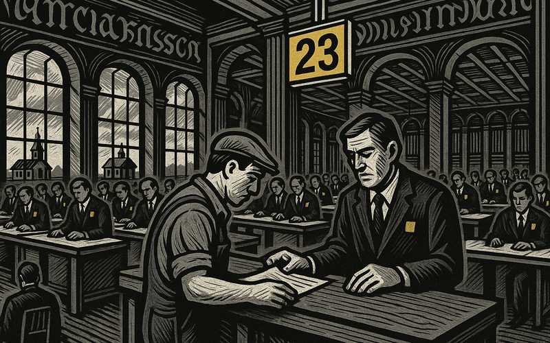 Interior of a vast administrative office: credentialed figures at endless rows of desks; a working-class citizen at a counter being routed through a numbered queue