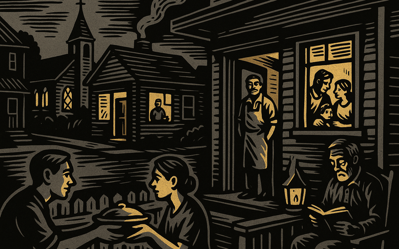 An American neighborhood at dusk: church, corner store, family at window, neighbor passing food across a fence, elderly man reading on a porch by lamplight