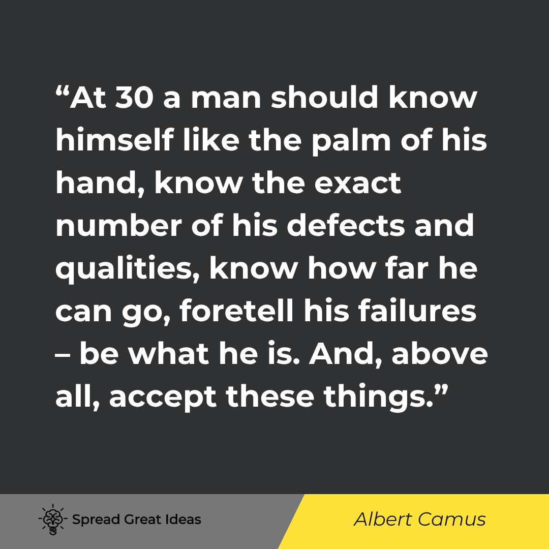 Albert Camus quote: At 30 a man should know himself like the palm of his hand, know the exact number of his defects and 