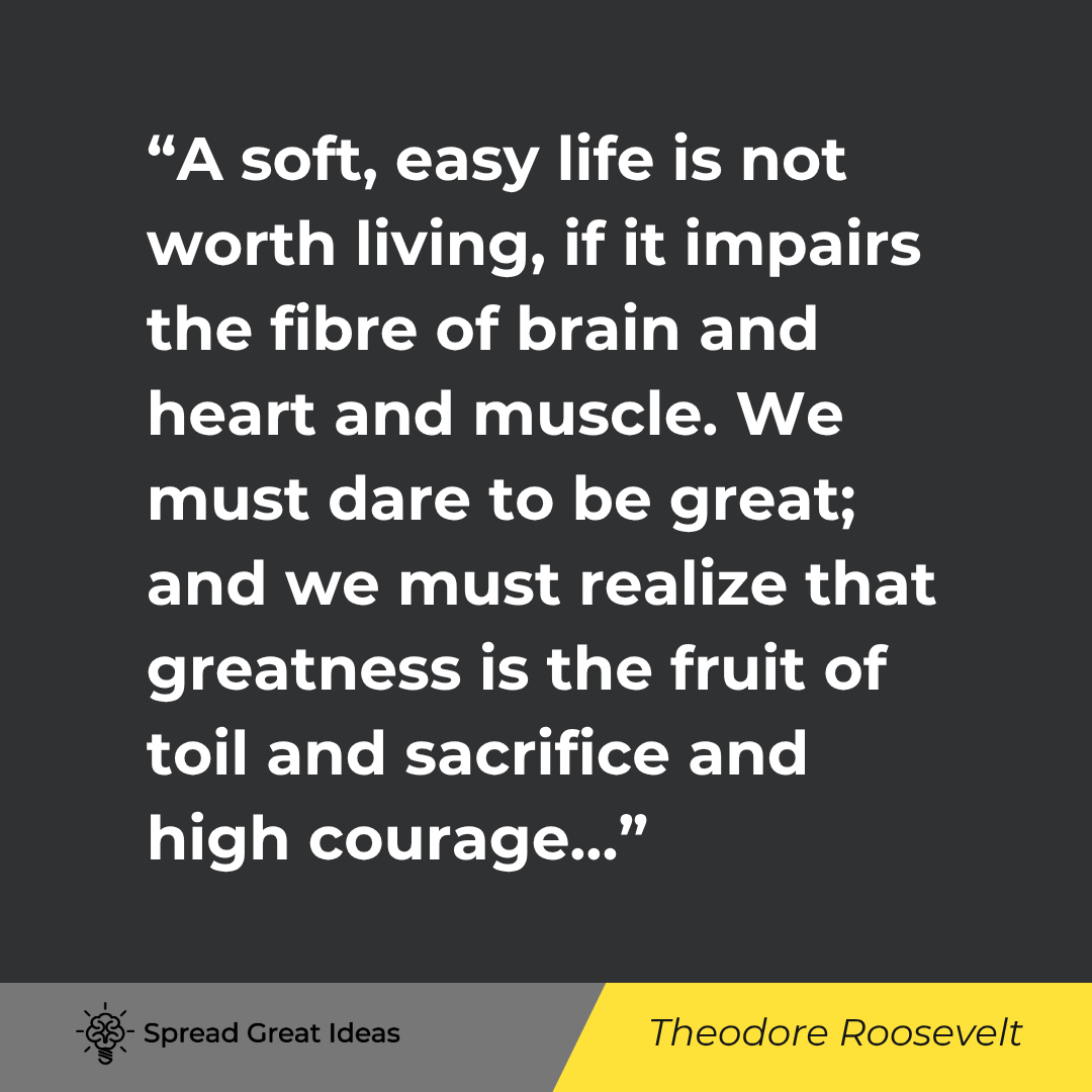 Theodore Roosevelt quote: A soft, easy life is not worth living, if it impairs the fibre of brain and heart and muscle. We mus