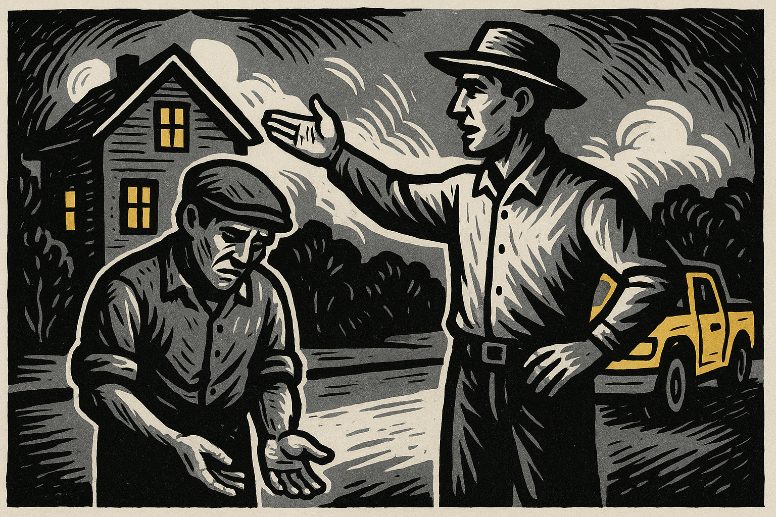 Allegorical woodcut: two men side by side, one with a larger house and truck, the other staring down at his empty hands