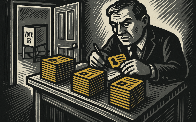 A bureaucrat processes voter ID cards in stacks while behind him a polling station sits empty: reform energy aimed at the wrong filter