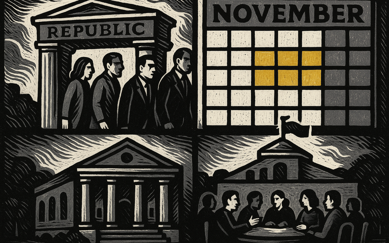 Cross-section of a stylized republic in three layers: qualified electorate gate, November on-cycle calendar, working town hall