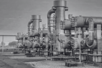 Rows of pipework and valves at a natural gas processing plant