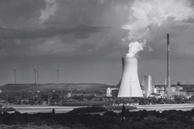 Steam rising from a power station cooling tower with wind turbines on the ridge behind
