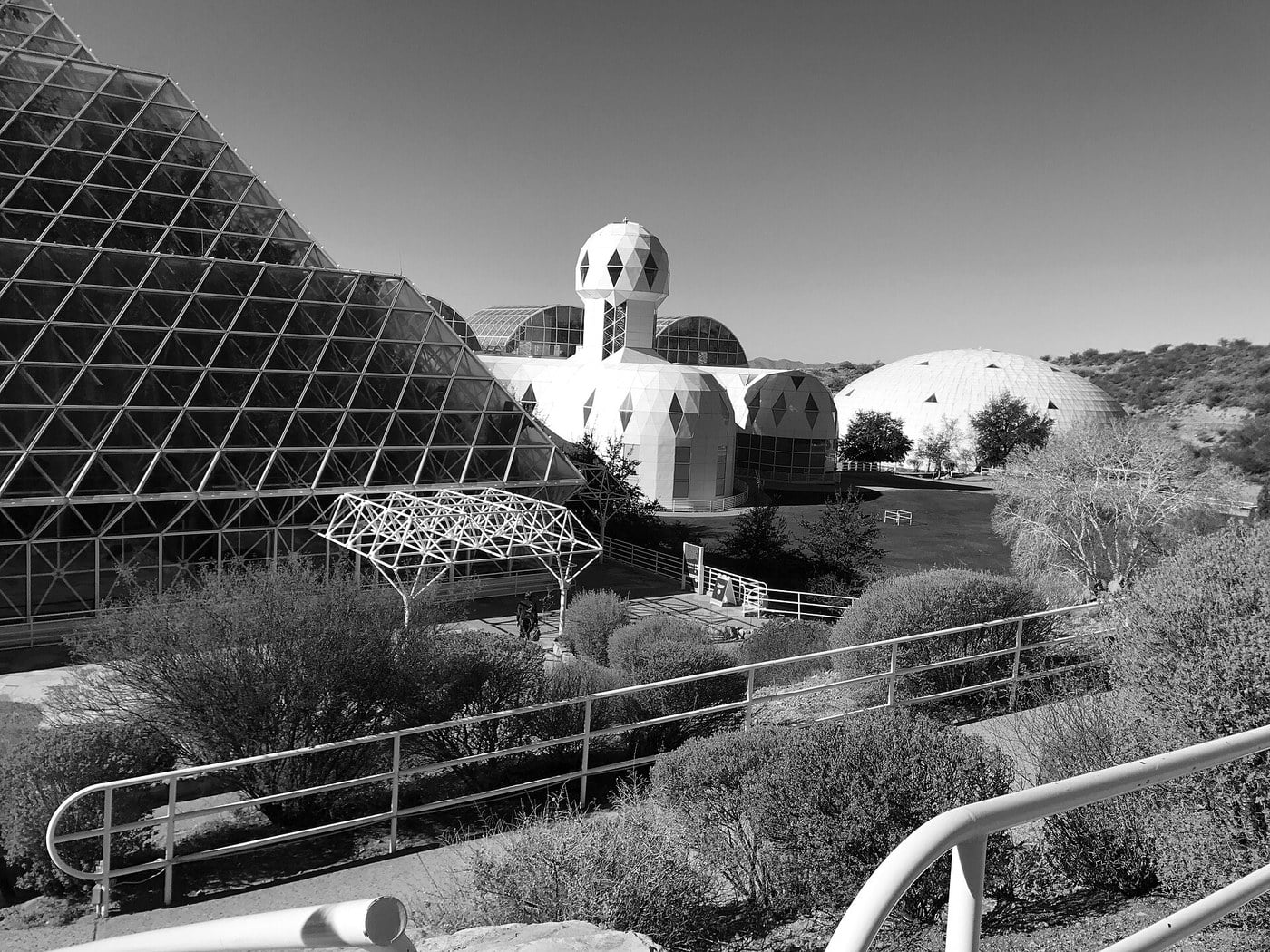 Biosphere 2 glass pyramid and domes in the Arizona desert